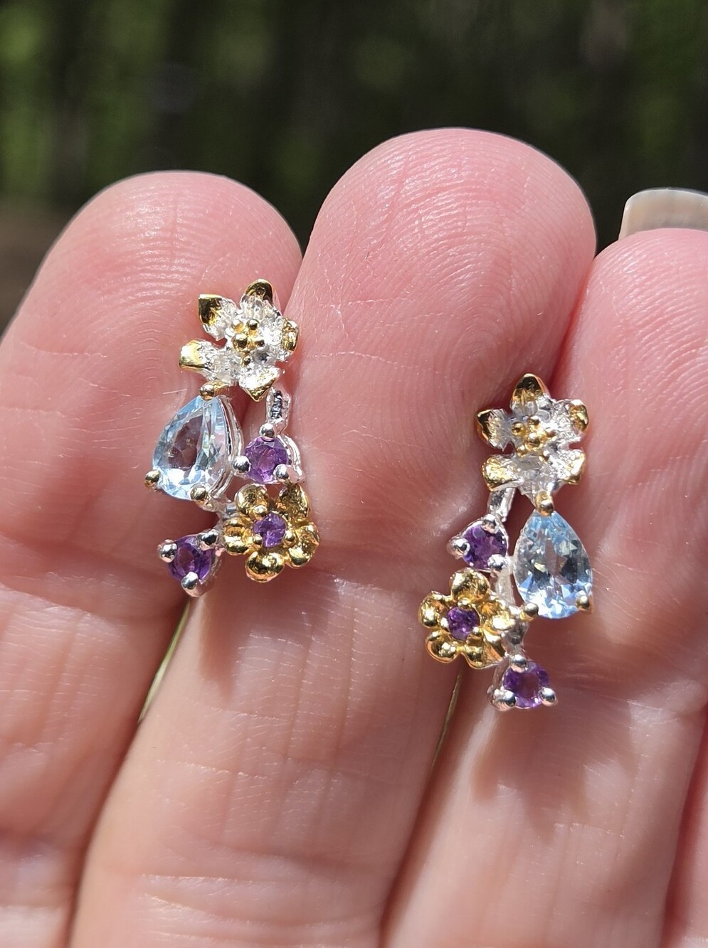 Blue Topaz & Amethyst Natural Floral Sterling & Gold Earrings - Picture 7 of 9